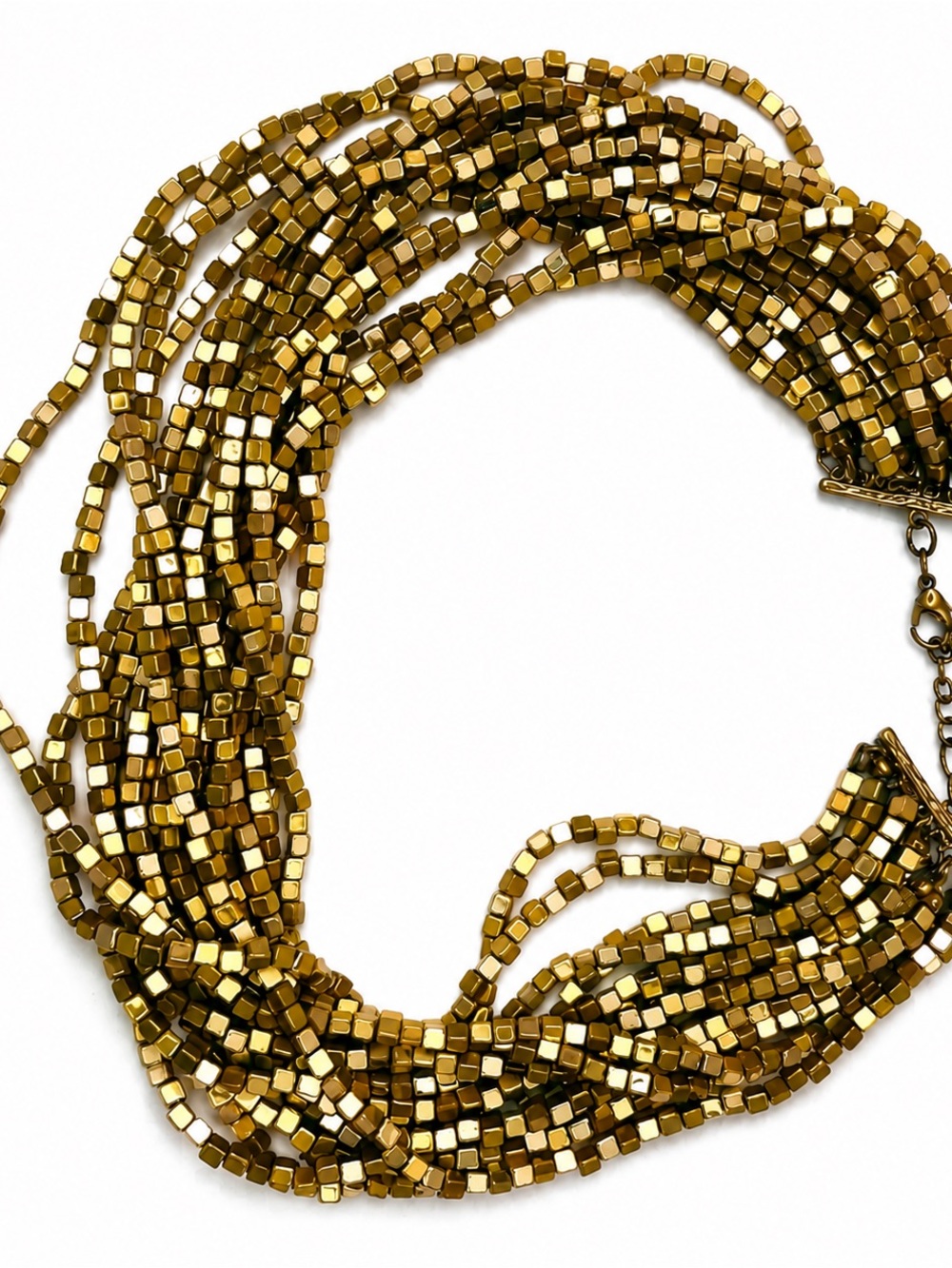 Vintage Multi Strand Metallic Cube Bead Necklace Gold Tone 46–51 cm